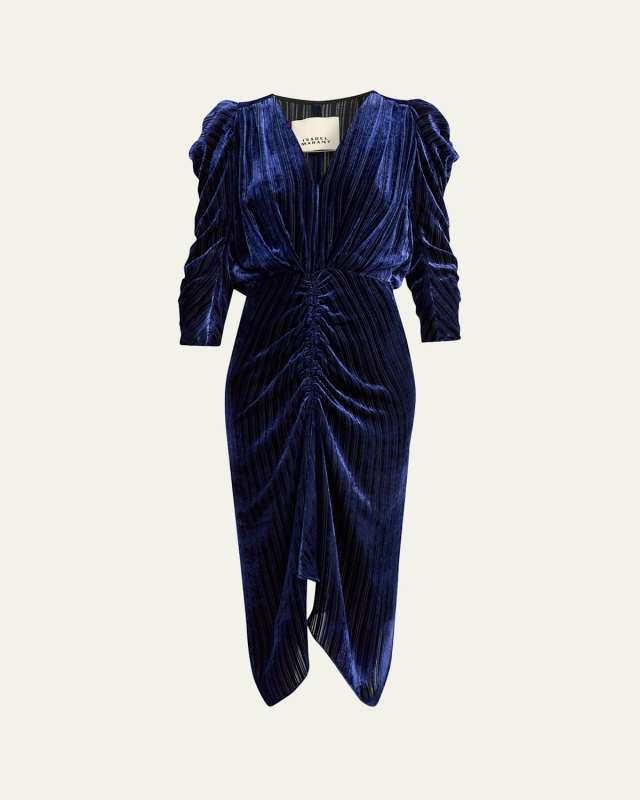 Nemil Ruched Striped Velvet Midi Dress